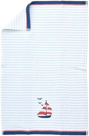 Ritz 2-Piece Cotton Velour Bathroom Hand Towel Set, Embroidered Sailboat Design, Blue Pinstripe Decorative Towels for Lake House, Beach, Coastal Decor, 16” x 26”