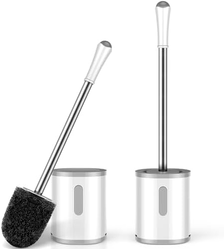 Toilet Brush and Holder Set, 2 Pack with Stainless Steel Handle Toilet Bowl Brush, Compact Toilet Scrubber Brush for Deep Cleaning Bathroom Restroom, Easy to Assemble White & Gray