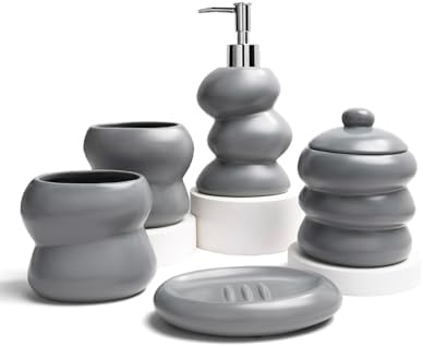 Bathroom Accessory Set 5PCS, Ceramic Bathroom Accessories Set, Irregular Shape Small Bathroom Sets Accessories Complete, Home Apartment Minimalist Decor Vanity Countertop, ANTIS'S HOME (Grey)