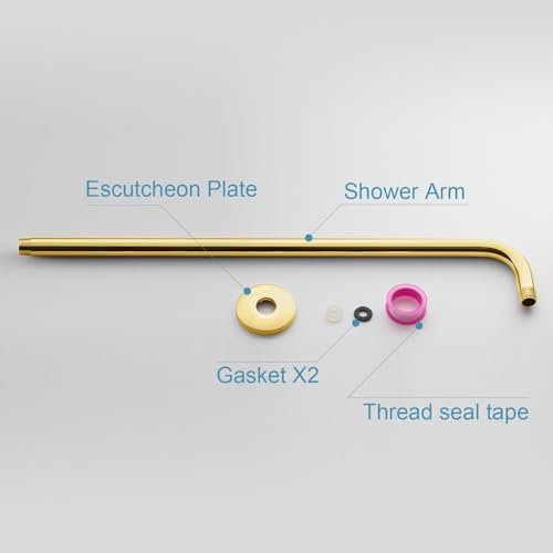 OFFO Shower Arm with Flange, 24 in Bright Gold Wall Mount Replacement Angle Shower Head Arm Wall-Mounted For Fixed Shower Head & Handheld Showerhead