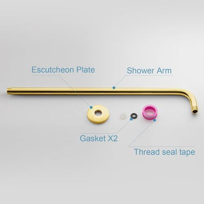 OFFO Shower Arm with Flange, 24 in Bright Gold Wall Mount Replacement Angle Shower Head Arm Wall-Mounted For Fixed Shower Head & Handheld Showerhead