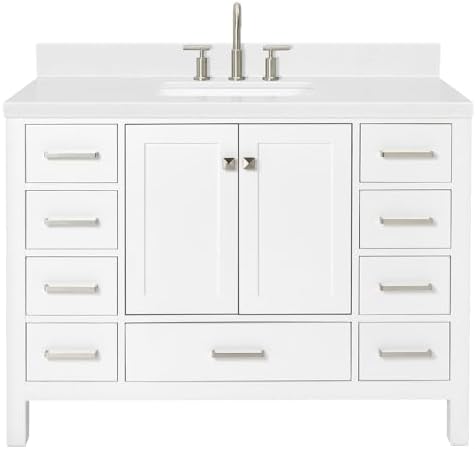 ARIEL Cambridge 48-inch Bathroom Vanity with Sink,Solid Wood, 1.5-inch Carrara White Quartz Countertop, Single Rectangular Porcelain Sink, 2 Soft Closing Doors, 9 Dovetail Drawers, White