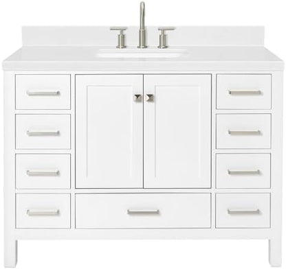ARIEL Cambridge 48-inch Bathroom Vanity with Sink,Solid Wood, 1.5-inch Carrara White Quartz Countertop, Single Rectangular Porcelain Sink, 2 Soft Closing Doors, 9 Dovetail Drawers, White