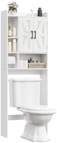 TEENFON Over The Toilet Storage Cabinet with 4 Open Shelves and Adjustable Shelf, Extra Tall Bathroom Organizer Unit with 2 Barn Doors, Home Space Saver for Bathroom, Laundry Room, White