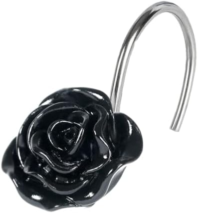 Black Rose Shower Curtain Hooks: Cute Flower Bathroom Curtain Rings, 12Pcs