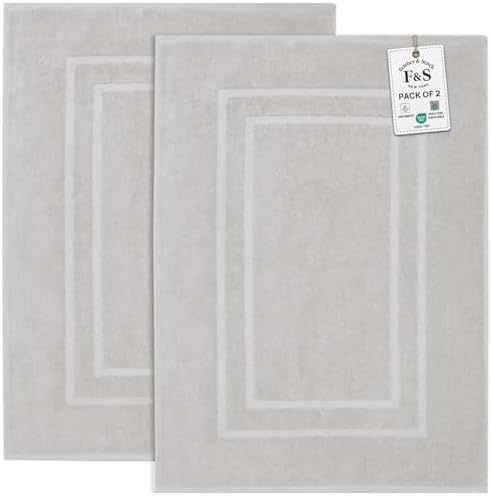 Feather & Stitch 2 Piece Towel Like Bath Mats (30x21 Inch) 100% Cotton Terry Bath Mats, Bathroom Shower Floor Mats [NOT A Bathroom Rug], Soft Absorbent Washable Mats - Sliver