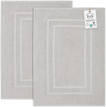 Feather & Stitch 2 Piece Towel Like Bath Mats (30x21 Inch) 100% Cotton Terry Bath Mats, Bathroom Shower Floor Mats [NOT A Bathroom Rug], Soft Absorbent Washable Mats - Sliver