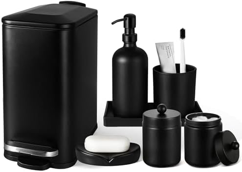 Black Bathroom Accessories Set, 7 Pcs Matte Black Bathroom Accessory Set with Trash Can, Soap Dispenser, Toothbrush Holder, Soap Dish, Vanity Tray, Qtip Holder, Modern Bathroom Sets Complete Decor