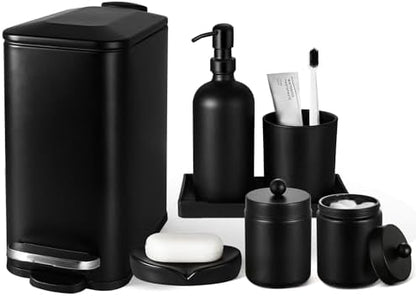 Black Bathroom Accessories Set, 7 Pcs Matte Black Bathroom Accessory Set with Trash Can, Soap Dispenser, Toothbrush Holder, Soap Dish, Vanity Tray, Qtip Holder, Modern Bathroom Sets Complete Decor
