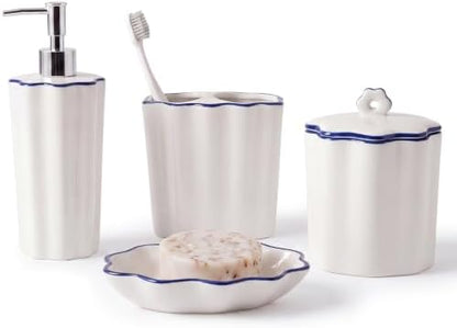 Zhehao 4 Pcs Scalloped Ceramic Bathroom Accessories Set,8.5 Inch, Blue