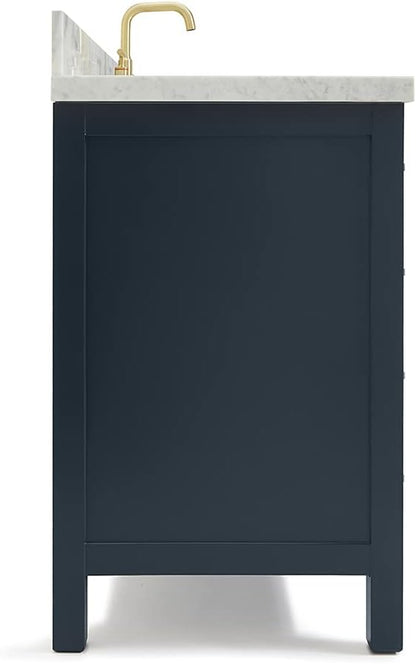 ARIEL Cambridge 48-inch Bathroom Vanity with Sink,Solid Wood, 1.5-inch Italian Carrara Marble Countertop, Single Rectangular Porcelain Sink, 2 Soft Closing Doors, 9 Dovetail Drawers, Midnight Blue