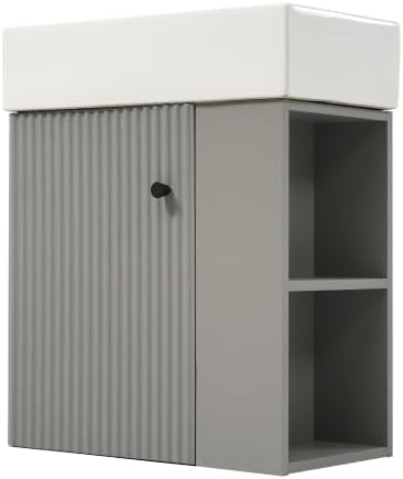 BNSPLY 22 Inch Floating Bathroom Vanity with Sink, Wall Mounted Bathroom Vanity Cabinet with Ceramic Sink, Modern Single Basin Vanities, Small Restroom Basin Cabinet with Right Side Storage, Gray