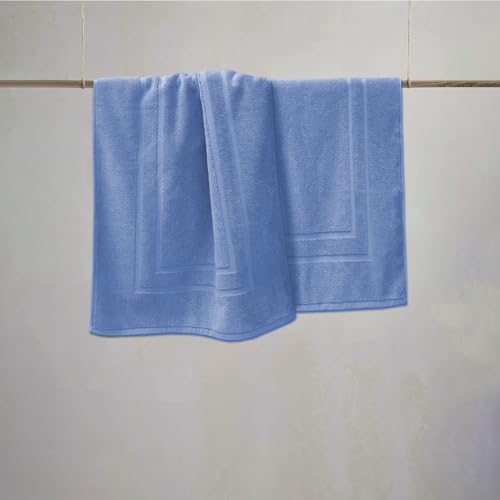 Feather & Stitch 2 Piece Towel Like Bath Mats (30x21 Inch) 100% Cotton Terry Bath Mats, Bathroom Shower Floor Mats [NOT A Bathroom Rug], Soft Absorbent Washable Mats - Faded Denim