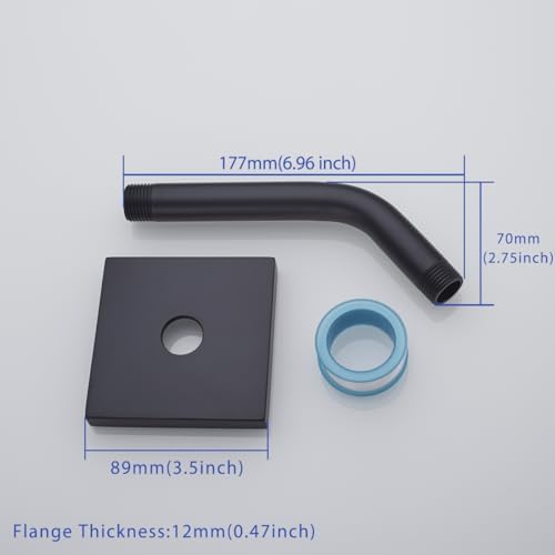 Shower Arm with Flange and Teflon Tape,6 in Wall Mount Replacement Angle Shower Head Arm Wall Mounted Shower Pipe Arm Extension for Fixed Shower Head Matte Black,SW-91018-6MB-SQ.