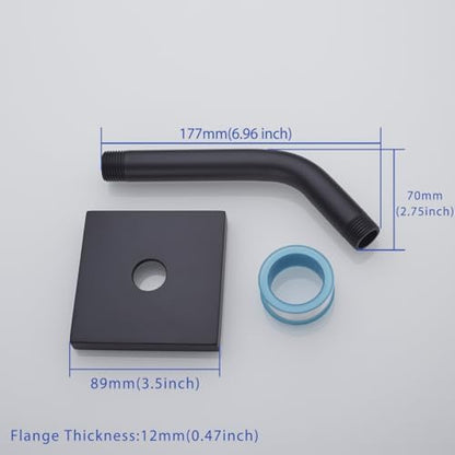 Shower Arm with Flange and Teflon Tape,6 in Wall Mount Replacement Angle Shower Head Arm Wall Mounted Shower Pipe Arm Extension for Fixed Shower Head Matte Black,SW-91018-6MB-SQ.