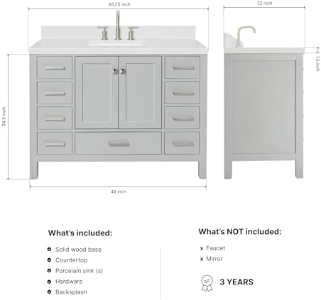 ARIEL Cambridge 48-inch Bathroom Vanity with Sink,Solid Wood, 1.5-inch Carrara White Quartz Countertop, Single Rectangular Porcelain Sink, 2 Soft Closing Doors, 9 Dovetail Drawers, Grey