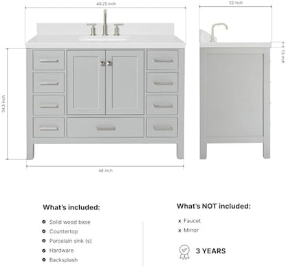 ARIEL Cambridge 48-inch Bathroom Vanity with Sink,Solid Wood, 1.5-inch Carrara White Quartz Countertop, Single Rectangular Porcelain Sink, 2 Soft Closing Doors, 9 Dovetail Drawers, Grey