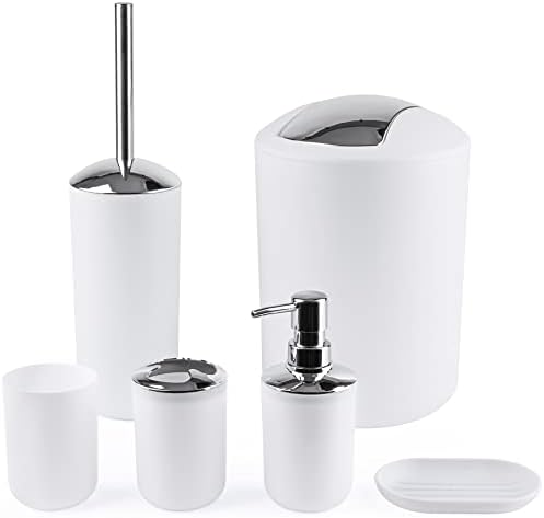 Compact 6-Piece White Plastic Bathroom Accessories Set with Small Trash Can, Soap Dispenser, Toothbrush Holder, Cup, Soap Dish, Toilet Brush for Guest Bathroom Dorm Apartment