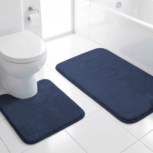 H.VERSAILTEX Bath Mat Memory Foam Set Bathroom Rug Set Flannel Velvety Bath Mat Luxury Extra Soft and Absorbent Non Slip Rugs for Bathroom/Bedroom Washable(Curved Set 24"x 36" Plus 20"x 24"U, Navy)