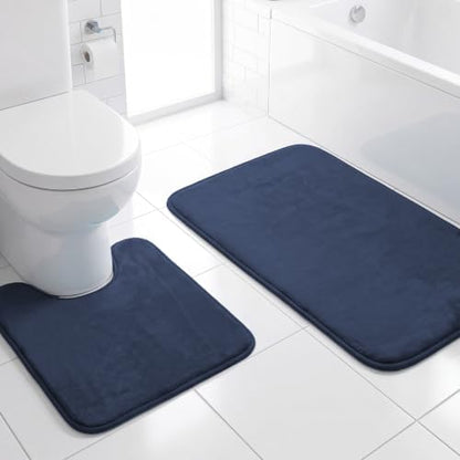 H.VERSAILTEX Bath Mat Memory Foam Set Bathroom Rug Set Flannel Velvety Bath Mat Luxury Extra Soft and Absorbent Non Slip Rugs for Bathroom/Bedroom Washable(Curved Set 24"x 36" Plus 20"x 24"U, Navy)