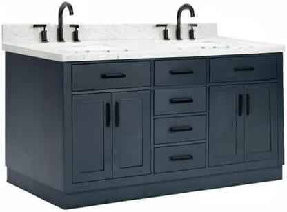 ARIEL Hepburn 60-inch Bathroom Vanity with Sink,Solid Wood, 1.5-inch Italian Carrara Marble Countertop, Double Rectangular Porcelain Sink, 4 Soft Closing Doors, 6 Dovetail Drawers, Midnight Blue