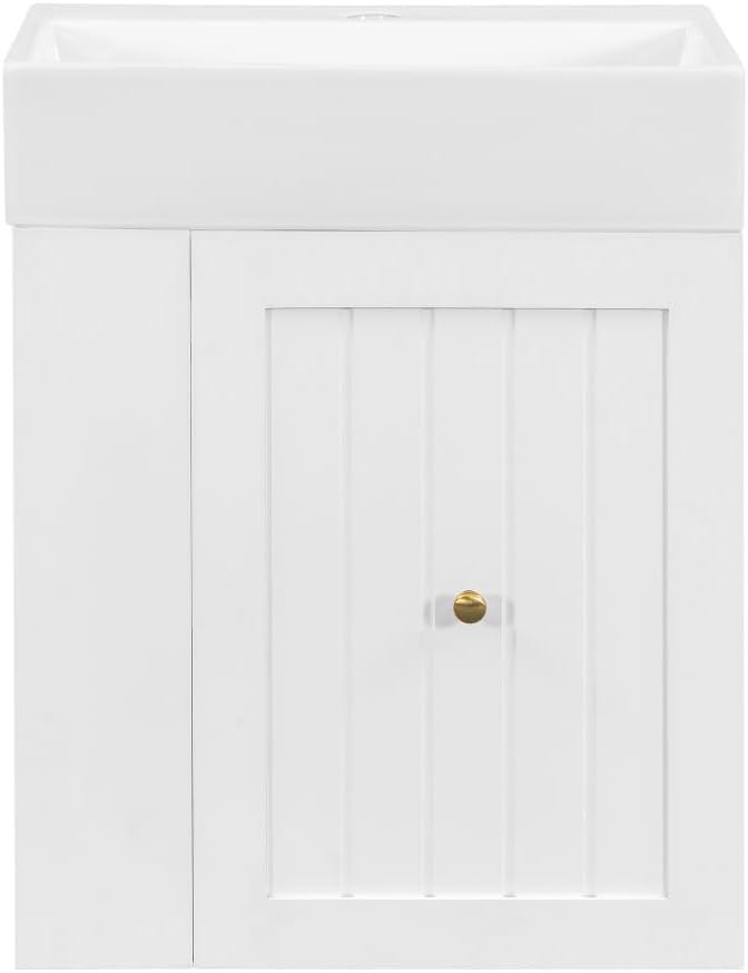 20" Floating Small Bathroom Vanity with Sink, Wall Mounted Vanity for Compact Bathrooms, Space-Saving Narrow Bathroom Vanities with Soft-Close Drawer Open Shelf Towel Bar (White,20" Floating Drawer)