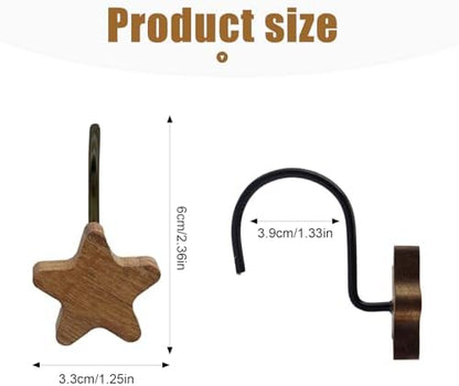 Shower Curtain Hooks, Wood Decorative Shower Curtain Rings, Modern Round Log Shower Curtain Hangers, 12PCS Shower Hooks for Shower Curtain Rod, Bedroom, Living Room (Star-Black)