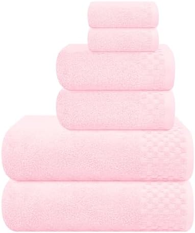 MyOwn Premium Cotton 6 Pack Towel Set for Bathroom, Contains 2 Bath Towels 28x55 inch, 2 Hand Towels 16x24 inch & 2 Wash Coths 12x12 inch, Ideal Everyday use, Compact & Lightweight - Pink