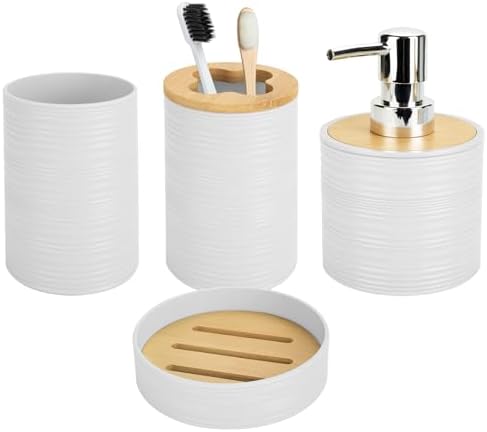 4PCS White Bathroom Set, Soap Dispenser, Dish & Bamboo Holder, Rustic