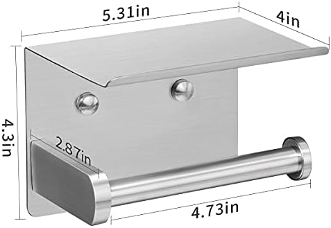 VAEHOLD Self Adhesive Toilet Paper Holder with Phone Shelf Stainless Steel Wall Mounted Toilet Paper Roll Holder - Rustproof and Bathroom Washroom Tissue Roll Holder with Storage Shelf - Silver