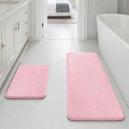 HUXMEYSON Bathroom Rugs Sets 2 Piece, Non-Slip & Quick Dry Bath Mat Set, Ultra Soft Velvet Bath Rugs for Bathroom, Toilet and Shower Floor, Rose Pink