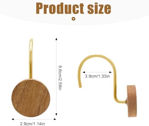 Shower Curtain Hooks, Wood Decorative Shower Curtain Rings, Modern Round Log Shower Curtain Hangers, 12PCS Shower Hooks for Shower Curtain Rod, Bedroom, Living Room (Gold)