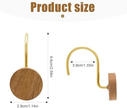Shower Curtain Hooks, Wood Decorative Shower Curtain Rings, Modern Round Log Shower Curtain Hangers, 12PCS Shower Hooks for Shower Curtain Rod, Bedroom, Living Room (Gold)