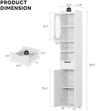 LIKIMIO 69" H Tall Bathroom Storage Cabinet with 2 Doors & 1 Drawer, Narrow Adjustable Shelves & Pull-Out Tissue Holder, Slim Freestanding Cabinet for Small Spaces, Kitchen, Entryway, White