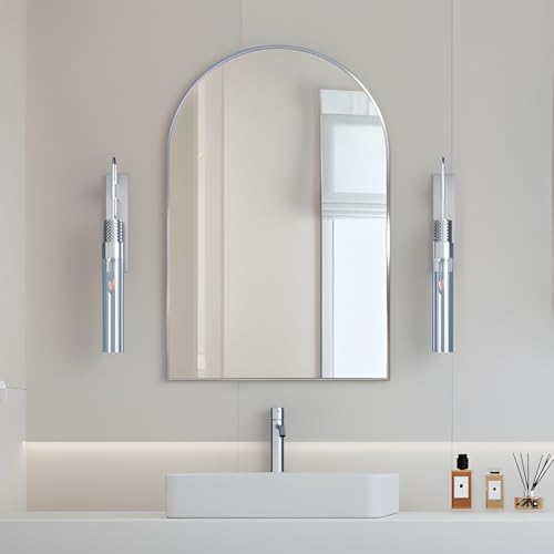 Wall Mounted Mirror, Arched Wall Mirror for Bathroom, 24"x36" Arch Bathroom Mirror with Metal Frame, Silver Vanity Mirror Decor for Mantle, Bedroom, Entryway, Living Room