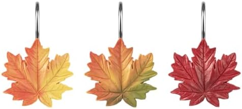 Sunlit Maple Leaf Shower Curtain Hooks, Yellow to Red Ombre Fall Autumn Shower Curtain Rings for Bathroom, Decorative Resin Maple Leaves Curtain Hangers, Bath Accessories, Set of 12