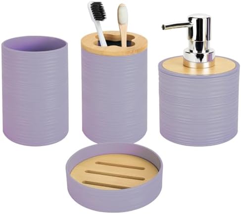 4PCS Lavender Bathroom Set, Soap Dispenser, Dish & Bamboo Holder, Rustic