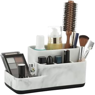 zccz Toothbrush Holder Organizer - Multi-Functional Bathroom Storage for Makeup, Skincare, and Accessories - White Marble Look Countertop Organizer for Sink and Vanity Spaces