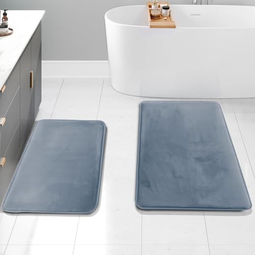 Clara Clark 2 Piece Bathroom Rug Set - Memory Foam, Bath Mat Set, Plush, Cozy, Ultra Soft, Non Slip, Machine Washable, Quick Dry - 24” x 17”+ 32” x 20” - Stone Blue