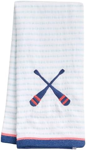 Ritz 2-Piece Cotton Velour Bathroom Hand Towel Set, Embroidered Criss Cross Oars, Light Blue Pinstripe Decorative Towels for Lake House, Cabin, Coastal Decor, 16” x 26”