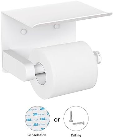 VAEHOLD Self Adhesive Toilet Paper Holder with Phone Shelf Stainless Steel Wall Mounted Toilet Paper Roll Holder - Bathroom Washroom Tissue Roll Holder with Storage Shelf - White