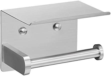 VAEHOLD Self Adhesive Toilet Paper Holder with Phone Shelf Stainless Steel Wall Mounted Toilet Paper Roll Holder - Rustproof and Bathroom Washroom Tissue Roll Holder with Storage Shelf - Silver