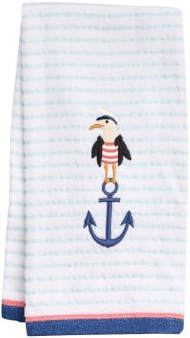 Ritz 2-Piece Cotton Velour Bathroom Hand Towel Set, Embroidered Anchor Seagull, Blue Pinstripe Coastal Towels for Lake House, Beach, Nautical Decor, 16” x 26”