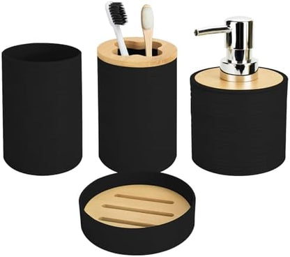 4PCS Black Bathroom Set, Soap Dispenser, Dish & Bamboo Holder, Rustic