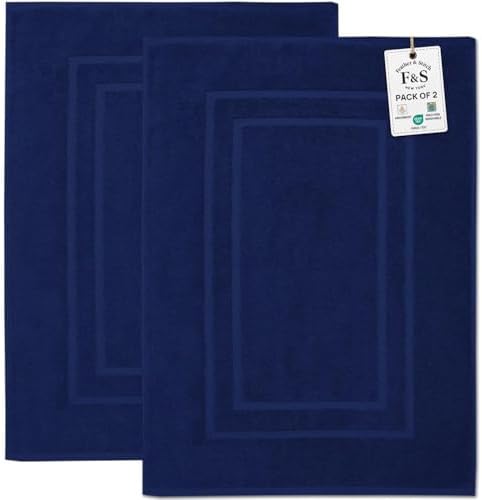 Feather & Stitch 2 Piece Towel Like Bath Mats (30x21 Inch) 100% Cotton Terry Bath Mats, Bathroom Shower Floor Mats [NOT A Bathroom Rug], Soft Absorbent Washable Mats - Navy Blue