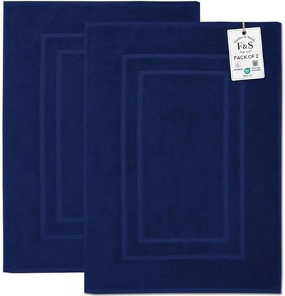 Feather & Stitch 2 Piece Towel Like Bath Mats (30x21 Inch) 100% Cotton Terry Bath Mats, Bathroom Shower Floor Mats [NOT A Bathroom Rug], Soft Absorbent Washable Mats - Navy Blue