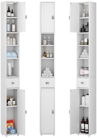 Bathroom Storage Cabinet, Tall Narrow Storage Cabinet with USB Light, White