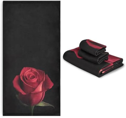 Naanle 3D Beautiful Red Rose Print Soft Luxury Decorative Set of 3 Towels, 1 Bath Towel+1 Hand Towel+1 Washcloth, Multipurpose for Bathroom, Hotel, Gym, Spa and Beach(Black)