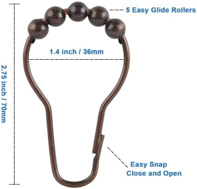 Shower Curtain Hooks Rings, Rustproof Metal Shower Curtain Rings for Bathroom Shower Rods Curtains - Set of 12, Bronze