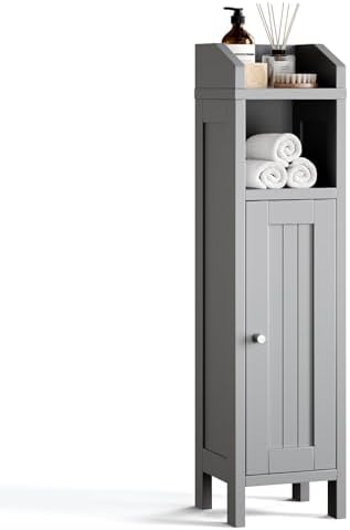 VINGLI Small Storage Corner Floor Cabinet, 7.9" Narrow Toilet Paper Storage Holder with Vertical Striped Door, Skinny Freestanding Organizer for Small Spaces, Slim Bathroom Storage Cabinet, Grey